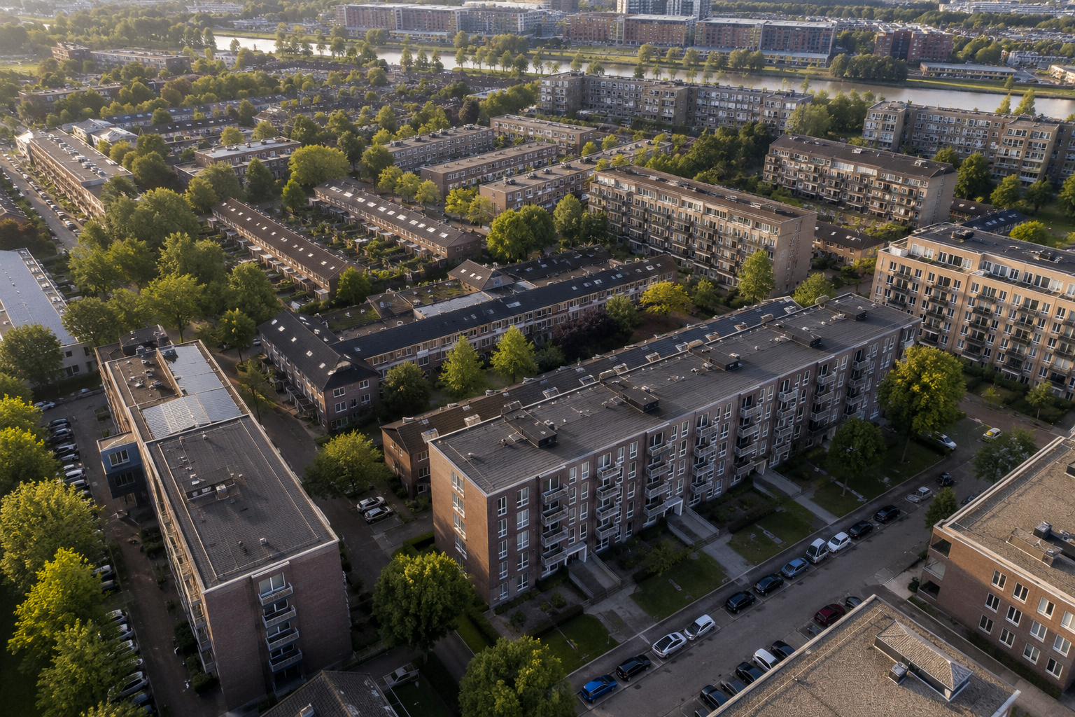 Luchtfoto van een Nederlands VvE-complex met bouwblokken en portieken, illustratief voor complex- en clusterindeling.